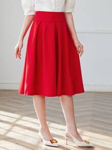 SHEIN Privé Solid High Waist Flared Skirt - Red - View 4