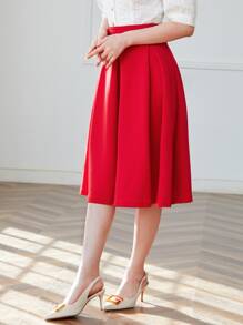 SHEIN Privé Solid High Waist Flared Skirt - Red - View 5