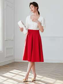 SHEIN Privé Solid High Waist Flared Skirt - Red - View 6