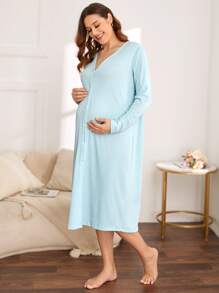 SHEIN Maternidad Vestido de dormir unicolor con botón - Celeste - Ver 1