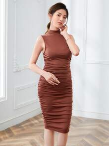 SHEIN BAE Mock-neck Ruched Solid Dress