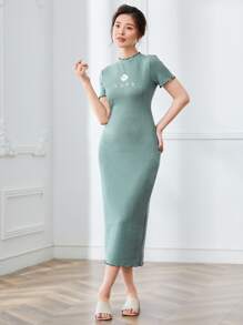 Mulvari Đầm Nghề thêu Xù nhỏ Gân đan Hoa Lá thư Thanh lịch - Màu xanh Cadet - Xem 1