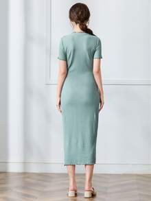 Mulvari Đầm Nghề thêu Xù nhỏ Gân đan Hoa Lá thư Thanh lịch - Màu xanh Cadet - Xem 2