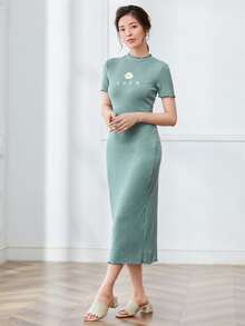 Mulvari Đầm Nghề thêu Xù nhỏ Gân đan Hoa Lá thư Thanh lịch - Màu xanh Cadet - Xem 3