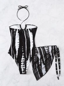 Elenzga Phụ nữ một mảnh Cắt ra Cà vạt nhuộm Gợi cảm - Đen và trắng - Xem 3