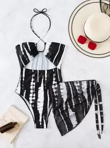 Elenzga Phụ nữ một mảnh Cắt ra Cà vạt nhuộm Gợi cảm - Đen và trắng - Xem 5