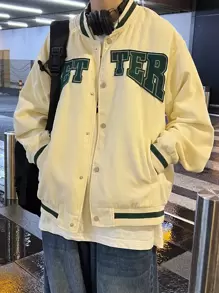 Claim Dot Loose Fit Men's Long Sleeve Letter Graphic Striped Trim Drop Shoulder Corduroy Varsity Jacket , Fall Winter