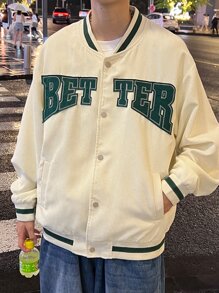 Claim Dot Loose Fit Men's Long Sleeve Letter Graphic Striped Trim Drop Shoulder Corduroy Varsity Jacket , Fall Winter