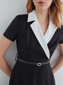 MOTF PREMIUM VISCOSE CONTRAST COLLAR BELTED DRESS - Black - View 4