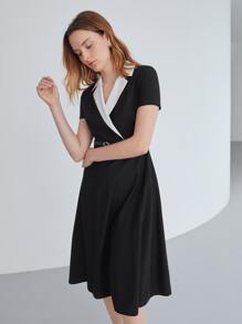 MOTF PREMIUM VISCOSE CONTRAST COLLAR BELTED DRESS - Black - View 5