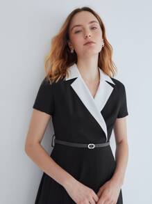 MOTF PREMIUM VISCOSE CONTRAST COLLAR BELTED DRESS - Black - View 6