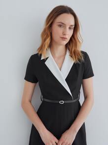 MOTF PREMIUM VISCOSE CONTRAST COLLAR BELTED DRESS - Black - View 9