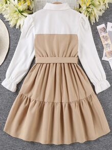 SHEIN Girls Colourblock Flounce Sleeve Ruffle Hem Belted 2 In 1 Dress - Multicolor - View 2