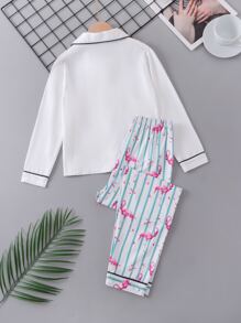 女孩條紋圖案和火烈鳥圖案拼接滾邊睡衣套裝 - 白色 - 查看 2