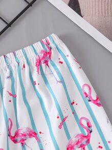 女孩條紋圖案和火烈鳥圖案拼接滾邊睡衣套裝 - 白色 - 查看 4