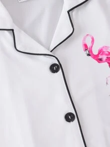 女孩條紋圖案和火烈鳥圖案拼接滾邊睡衣套裝 - 白色 - 查看 6