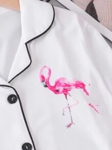 女孩條紋圖案和火烈鳥圖案拼接滾邊睡衣套裝 - 白色 - 查看 7
