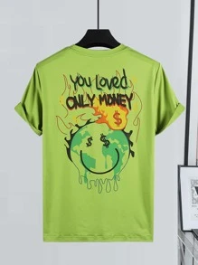 Manfinity EMRG Men Slogan & Cartoon Face Print Tee - Lime Green - View 1