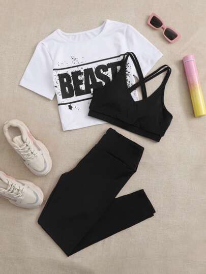 3pcs Splatter Paint Print Yoga Set Gym Wear Crop Tee & Crisscross Sports Bra & Leggings