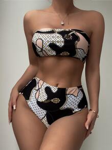SHEIN Swim Allover Print Bandeau High Waisted Bikini Summer - Multicolor - View 3