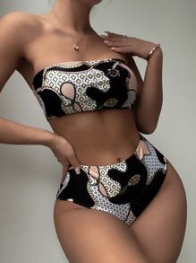 SHEIN Swim Allover Print Bandeau High Waisted Bikini Summer - Multicolor - View 4