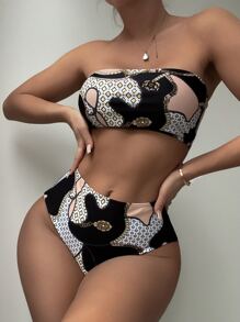 SHEIN Swim Allover Print Bandeau High Waisted Bikini Summer - Multicolor - View 5