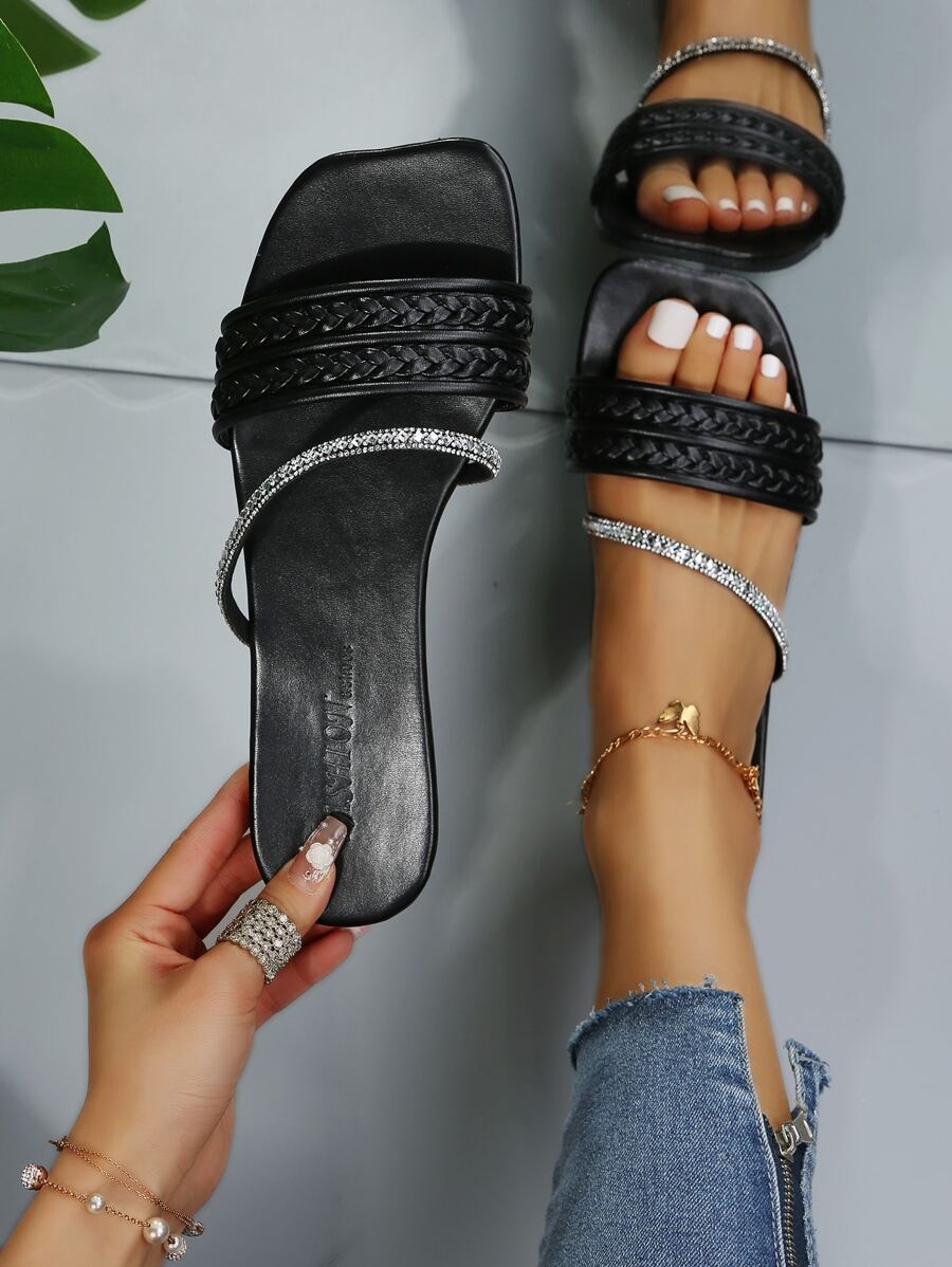 Dép đế bằng sọc kim cương dệt thủ công thời trang cho nữ, nhẹ, thoải mái, chống trượt, bền, thích hợp để mặc ngoài trời - màu đen - Xem 1