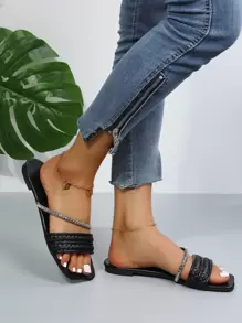 Dép đế bằng sọc kim cương dệt thủ công thời trang cho nữ, nhẹ, thoải mái, chống trượt, bền, thích hợp để mặc ngoài trời - màu đen - Xem 2