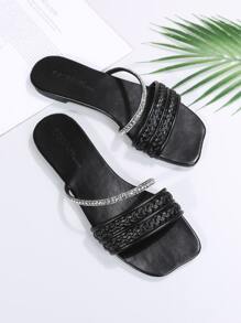 Dép đế bằng sọc kim cương dệt thủ công thời trang cho nữ, nhẹ, thoải mái, chống trượt, bền, thích hợp để mặc ngoài trời - màu đen - Xem 3