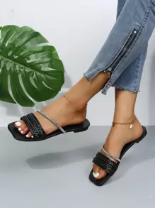 Dép đế bằng sọc kim cương dệt thủ công thời trang cho nữ, nhẹ, thoải mái, chống trượt, bền, thích hợp để mặc ngoài trời - màu đen - Xem 4