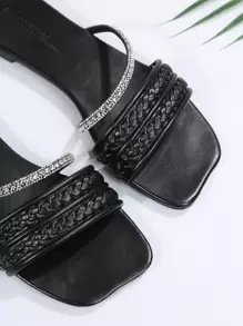 Dép đế bằng sọc kim cương dệt thủ công thời trang cho nữ, nhẹ, thoải mái, chống trượt, bền, thích hợp để mặc ngoài trời - màu đen - Xem 5