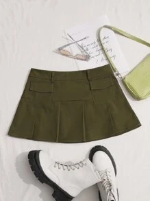 SHEIN ICON 頹廢搖滾高腰翻蓋口袋百褶半身裙不附腰帶 - 軍綠色 - 查看 1