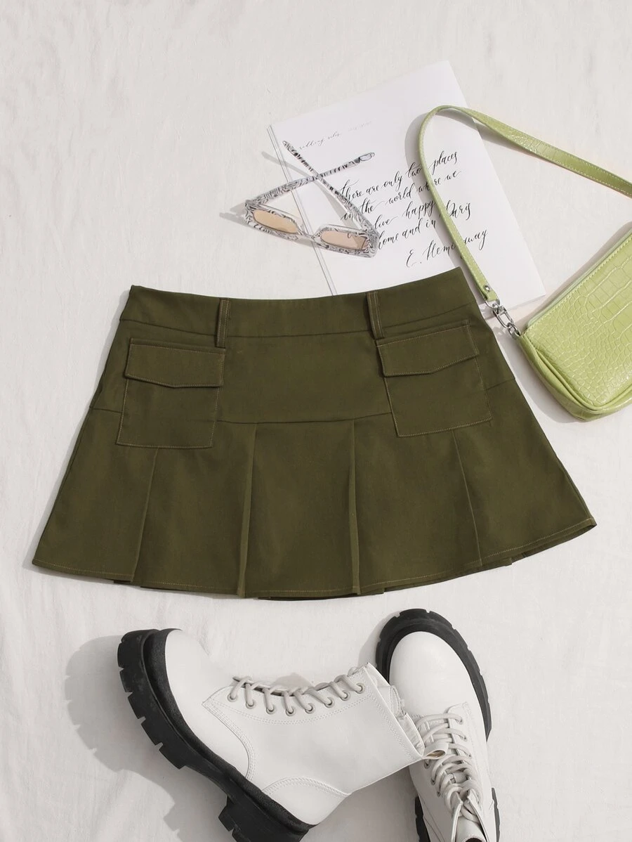 SHEIN ICON 頹廢搖滾高腰翻蓋口袋百褶半身裙不附腰帶 - 軍綠色 - 查看 1