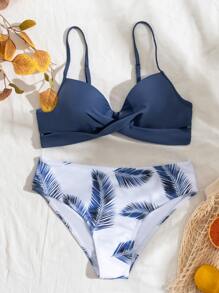 SHEIN Swim 葉子印花加厚內墊比基尼套裝，夏日海灘必備 - 藍白色 - 查看 4