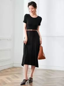 SHEIN Clasi Solid Round Neck A-line Dress - Black - View 1