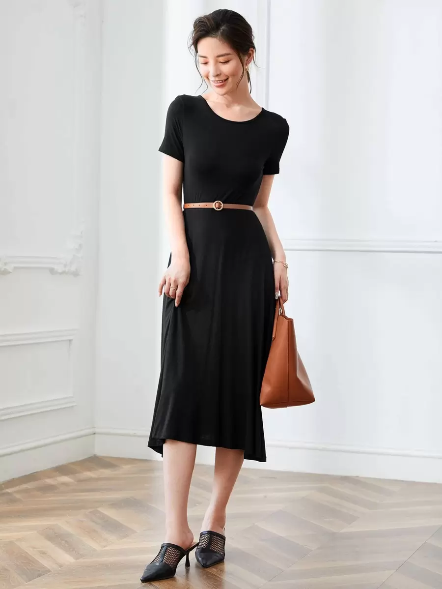 SHEIN Clasi Solid Round Neck A-line Dress - Black - View 1