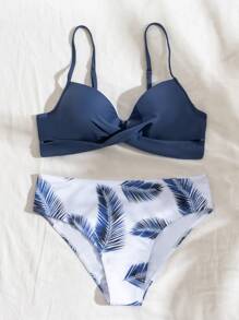 SHEIN Swim 葉子印花加厚內墊比基尼套裝，夏日海灘必備 - 藍白色 - 查看 5