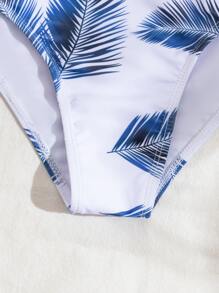 SHEIN Swim 葉子印花加厚內墊比基尼套裝，夏日海灘必備 - 藍白色 - 查看 6