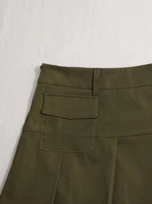 SHEIN ICON 頹廢搖滾高腰翻蓋口袋百褶半身裙不附腰帶 - 軍綠色 - 查看 3