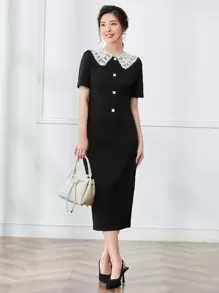 SHEIN Clasi 蕾絲拼接前紐扣緊身洋裝工作服 - 黑色 - 查看 1