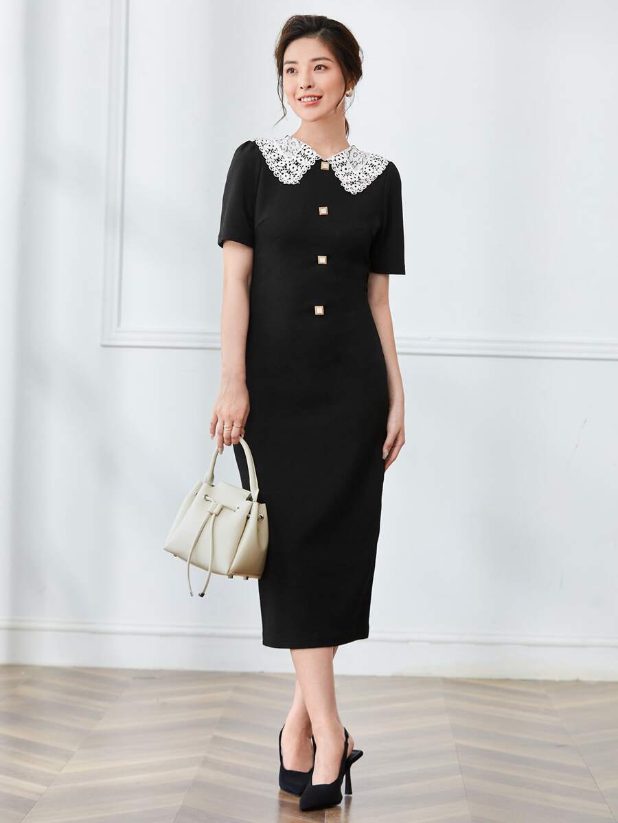 SHEIN Clasi 蕾絲拼接前紐扣緊身洋裝工作服 - 黑色 - 查看 1