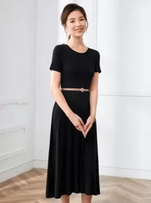 SHEIN Clasi Solid Round Neck A-line Dress - Black - View 3