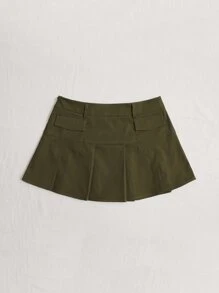 SHEIN ICON 頹廢搖滾高腰翻蓋口袋百褶半身裙不附腰帶 - 軍綠色 - 查看 4