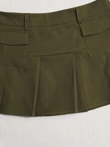 SHEIN ICON 頹廢搖滾高腰翻蓋口袋百褶半身裙不附腰帶 - 軍綠色 - 查看 5
