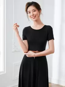 SHEIN Clasi Solid Round Neck A-line Dress - Black - View 5