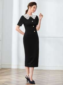 SHEIN Clasi 蕾絲拼接前紐扣緊身洋裝工作服 - 黑色 - 查看 3