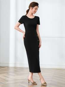 Mulvari 纽扣细节开衩下摆罗纹针织连衣裙 - 黑色 - 查看 3