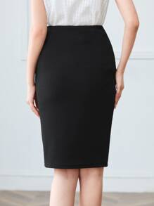 SHEIN Clasi Double Button Pencil Skirt - Black - View 2