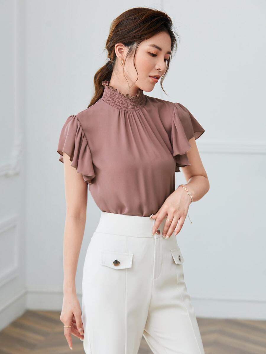 SHEIN Privé Shirred Mock Neck Butterfly Sleeve Top - Dusty Pink - View 1