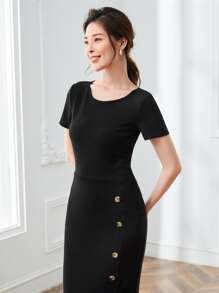 Mulvari 纽扣细节开衩下摆罗纹针织连衣裙 - 黑色 - 查看 5